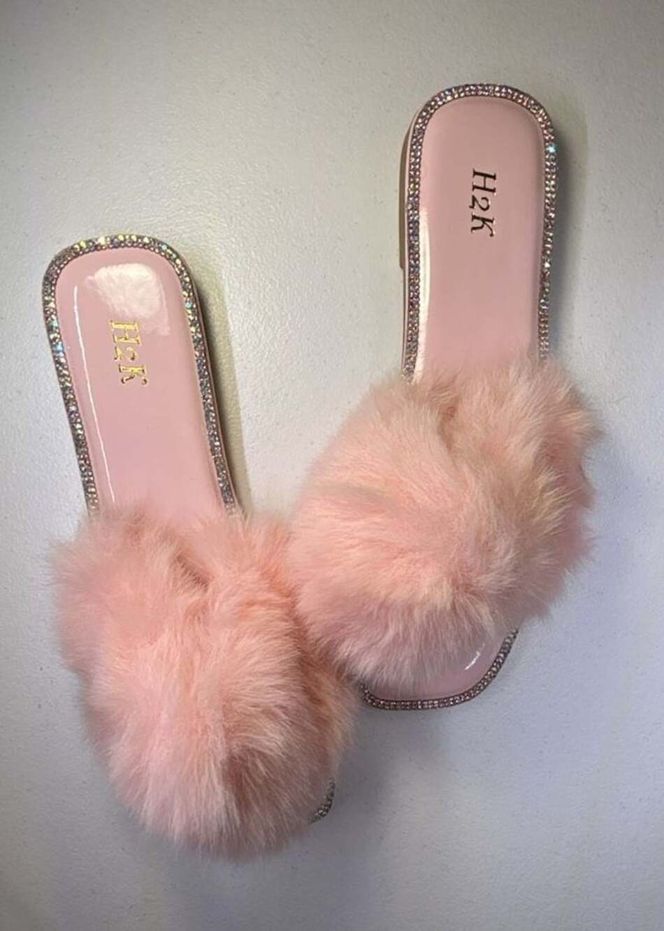 H2K Pink Faux Fur Rhinestone Slide Sandals